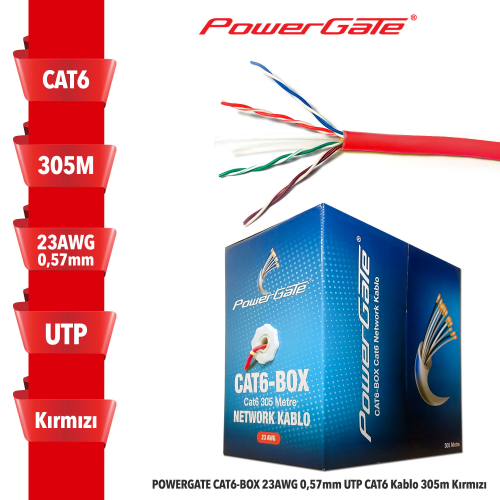 POWERGATE CAT6-BOX 23AWG 0,57mm UTP CAT6 Kablo 305m Kırmızı