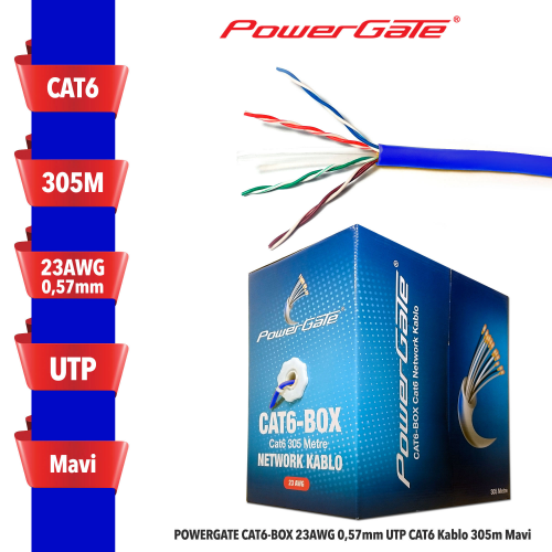 POWERGATE CAT6-BOX 23AWG 0,57mm UTP CAT6 Kablo 305m Mavi