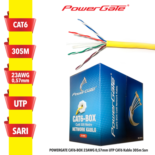 POWERGATE CAT6-BOX 23AWG 0,57mm UTP CAT6 Kablo 305m Sarı