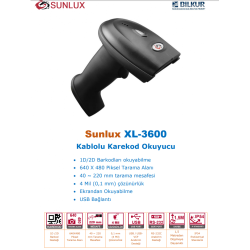 SUNLUX XL-3600 EL Tipi, Laser, USB Kablolu, 1D ve 2D (Kare Kod), Barkod Okuyucu